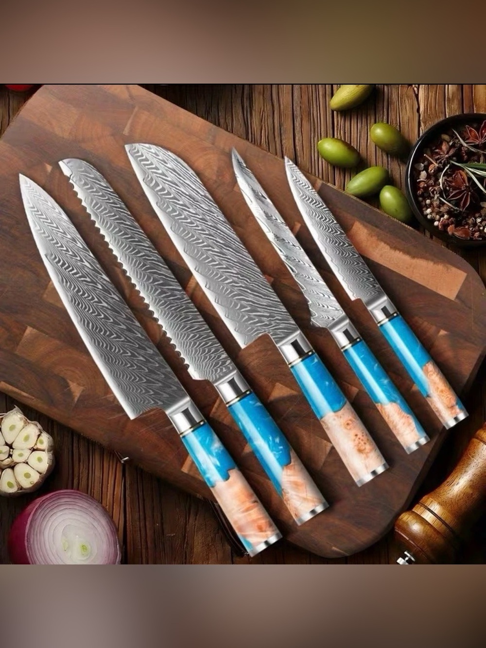 Blue Resin Handle Damascus Steak and Utility Knife Set - Home Kitchen